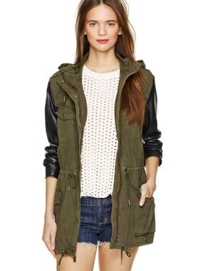 Aritzia Olive Utility Jacket with Black Faux-Leather Sleeves